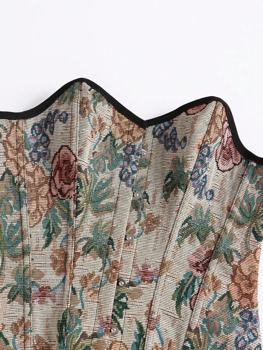 Multicolor floral pattern boned bustier micro crop top for women featuring a strapless sleeveless design and slim fit.