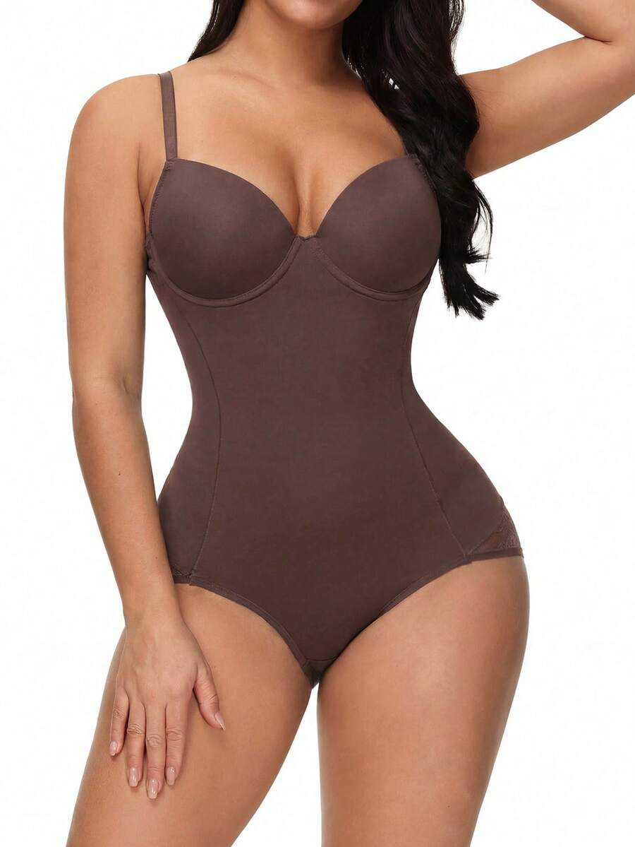 Apricot backless shapewear teddy bodysuit featuring contrast lace trim, non-removable padding, and underwire support.