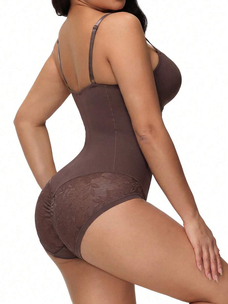 Apricot backless shapewear teddy bodysuit featuring contrast lace trim, non-removable padding, and underwire support.