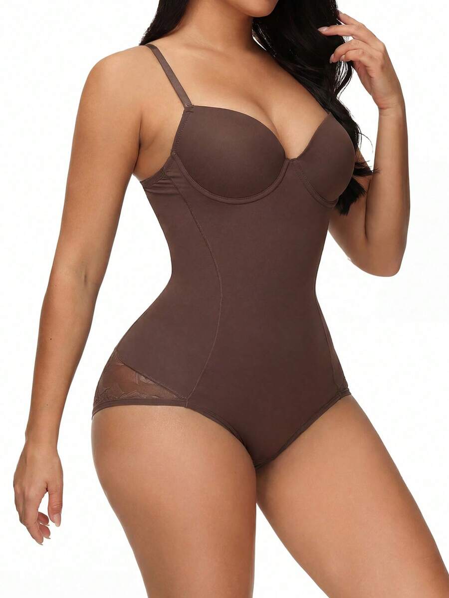 Apricot backless shapewear teddy bodysuit featuring contrast lace trim, non-removable padding, and underwire support.