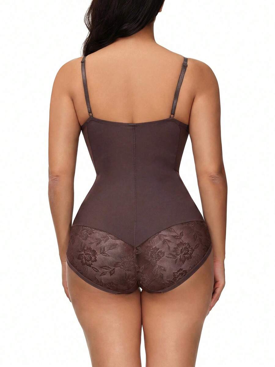 Apricot backless shapewear teddy bodysuit featuring contrast lace trim, non-removable padding, and underwire support.