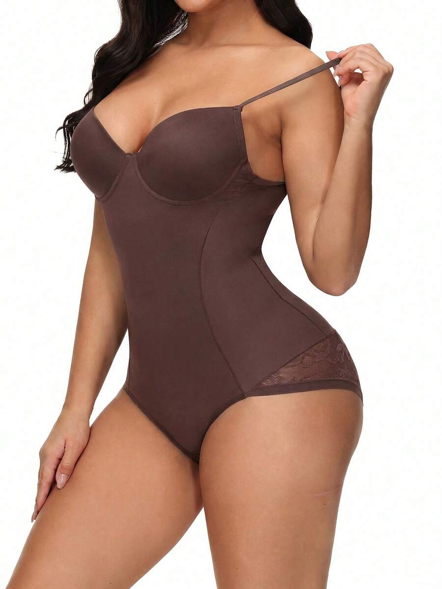 Apricot backless shapewear teddy bodysuit featuring contrast lace trim, non-removable padding, and underwire support.