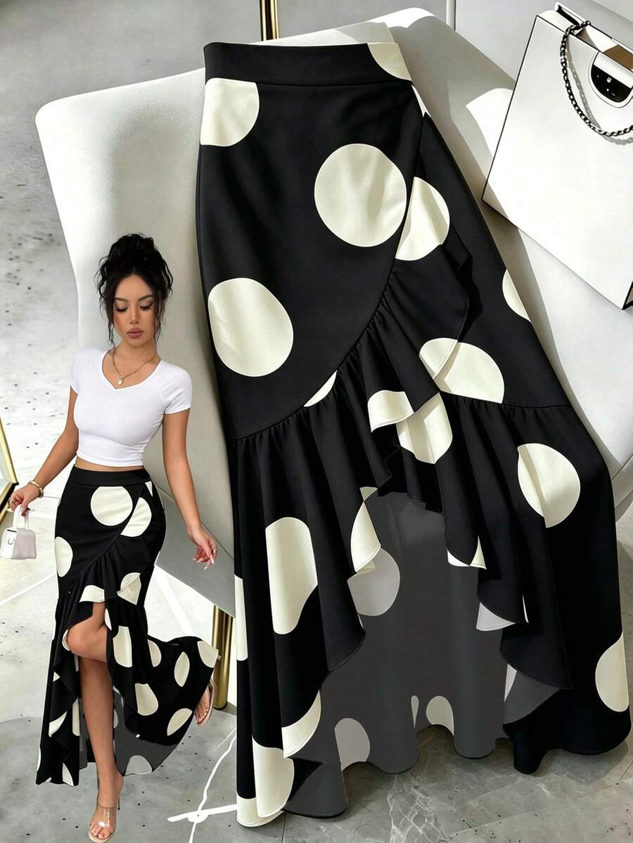 Black and white polka dot high waist maxi skirt with asymmetrical ruffle split hem for women