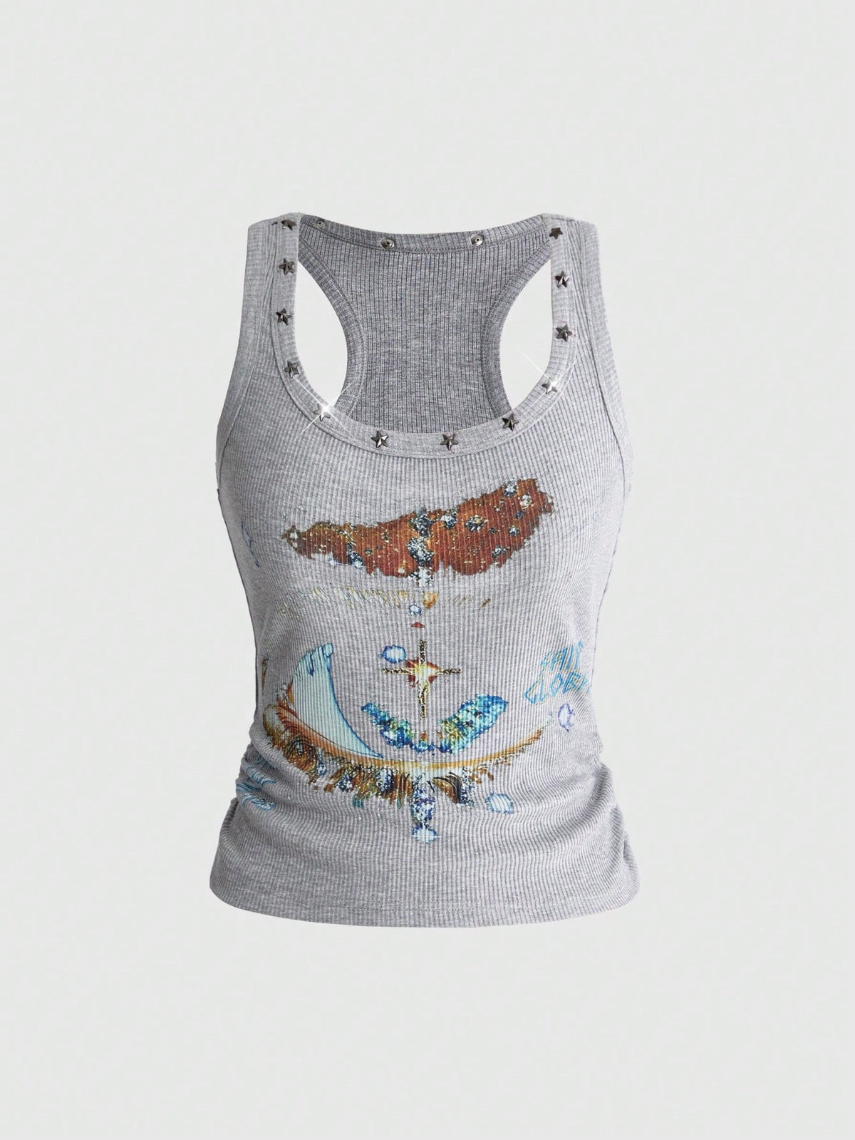 Women's black slim fit tank top featuring a starry sky rivet print and square neckline.