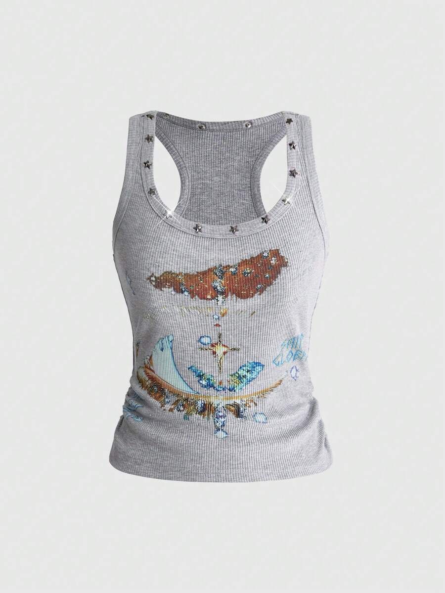 Women's black slim fit tank top featuring a starry sky rivet print and square neckline.