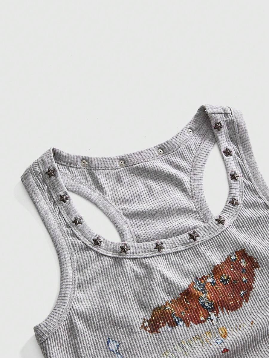 Women's black slim fit tank top featuring a starry sky rivet print and square neckline.