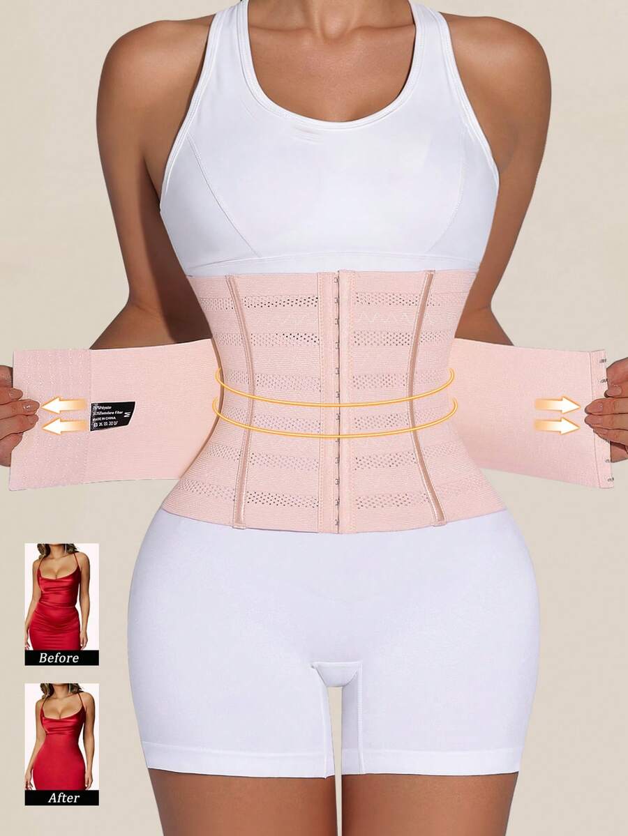 Black double belt wrap waist trainer corset shapewear for women with strong tummy control and button front design.
