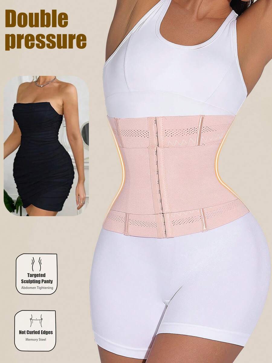 Black double belt wrap waist trainer corset shapewear for women with strong tummy control and button front design.