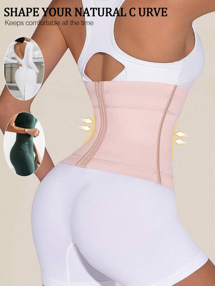 Black double belt wrap waist trainer corset shapewear for women with strong tummy control and button front design.