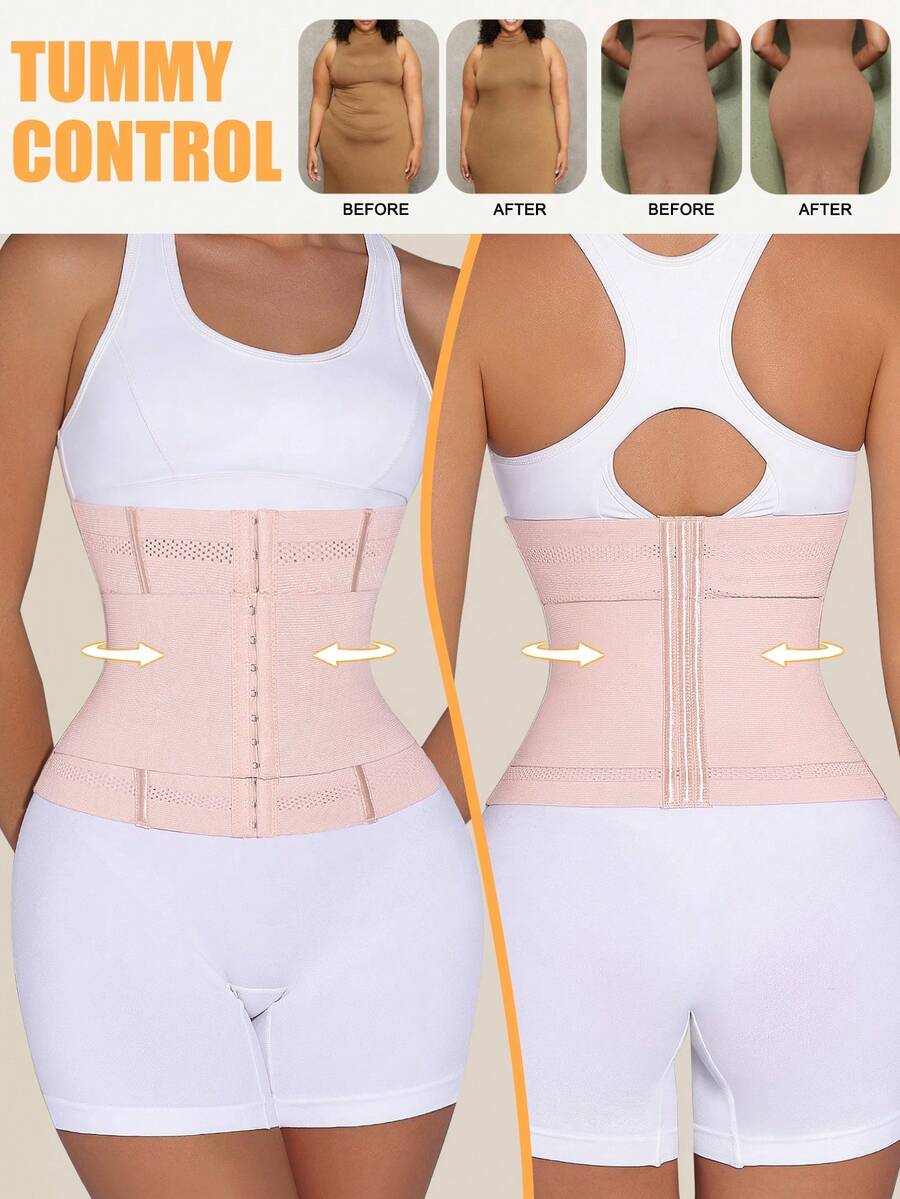 Black double belt wrap waist trainer corset shapewear for women with strong tummy control and button front design.
