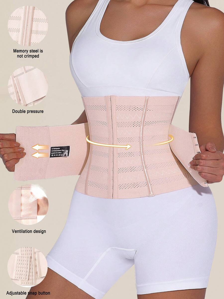 Black double belt wrap waist trainer corset shapewear for women with strong tummy control and button front design.
