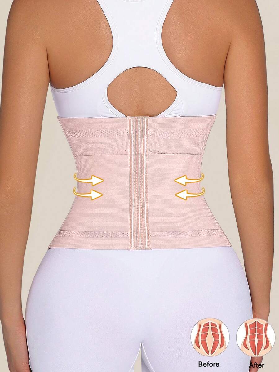 Black double belt wrap waist trainer corset shapewear for women with strong tummy control and button front design.