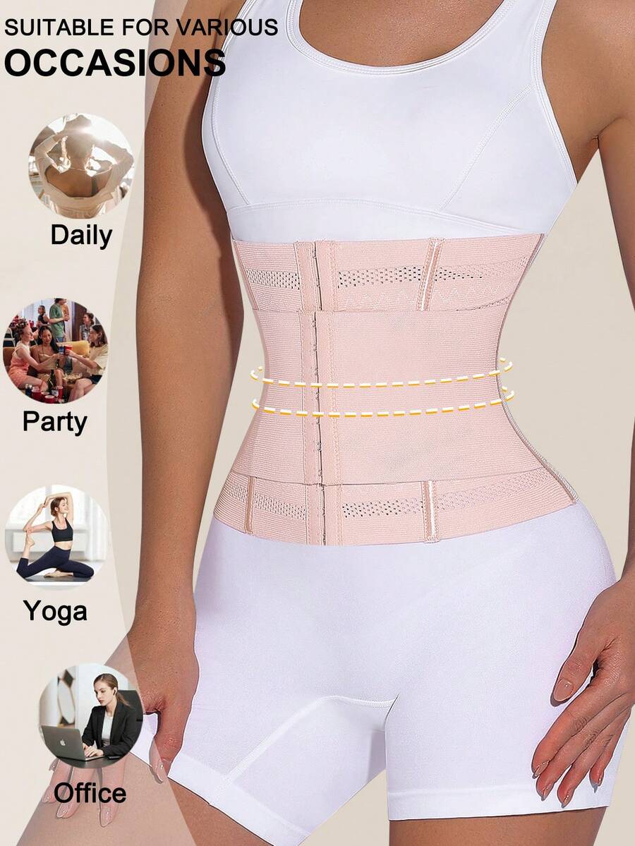 Black double belt wrap waist trainer corset shapewear for women with strong tummy control and button front design.