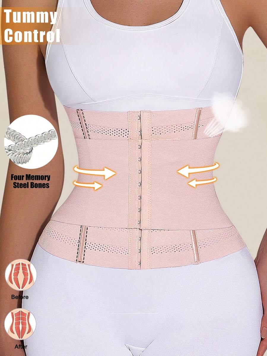Black double belt wrap waist trainer corset shapewear for women with strong tummy control and button front design.