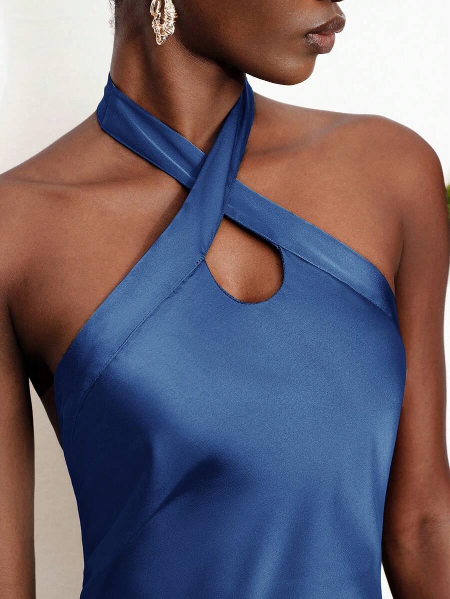 Women's black satin halter neck bodycon midi dress featuring a sleeveless backless design with front slit hem and wrap details.