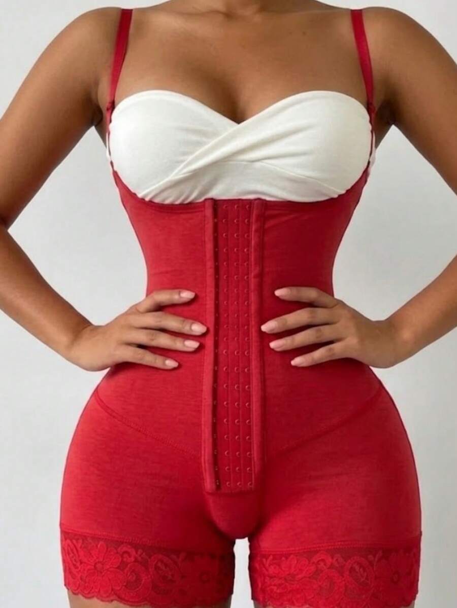 Women's apricot body shaper jumpsuit with 4-row hook and eye front closure and contrast lace details.