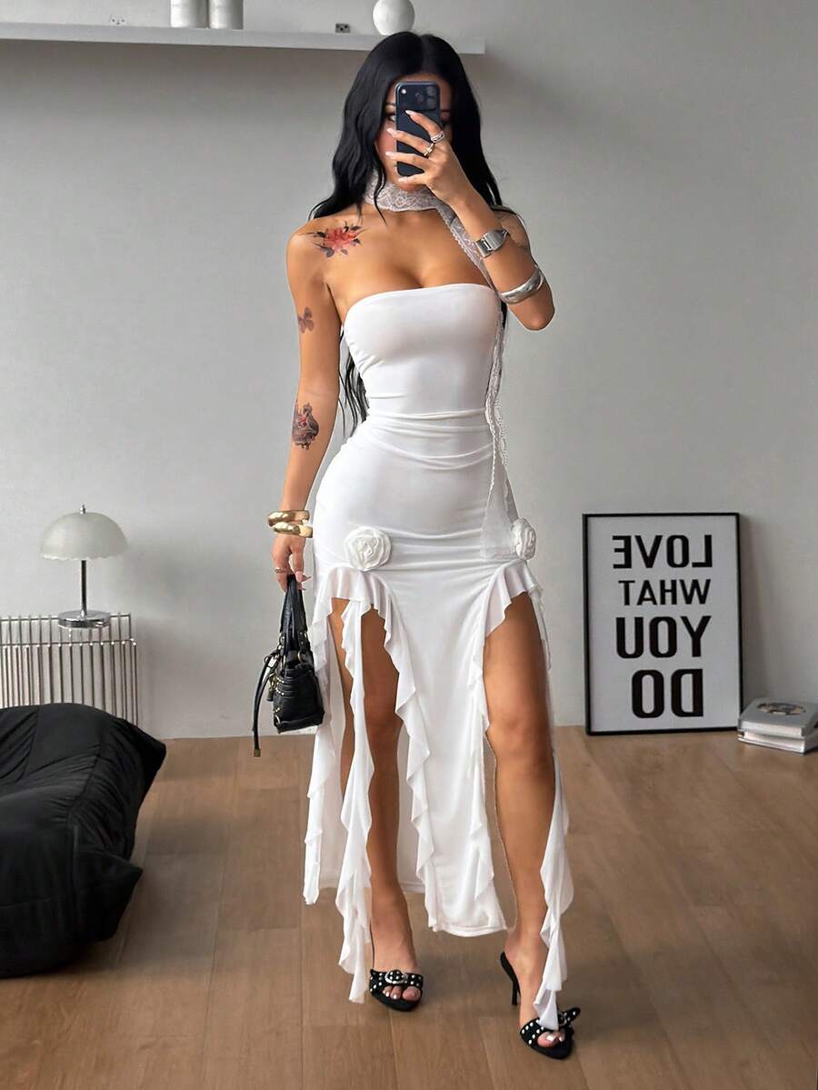 White strapless bodycon midi dress with split thigh and slim fit design for women