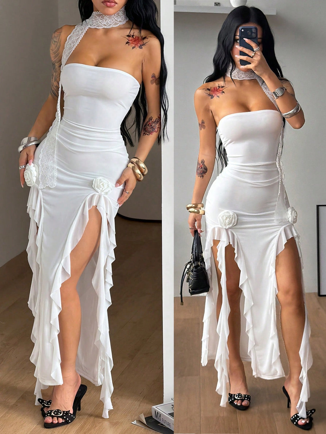 White strapless bodycon midi dress with split thigh and slim fit design for women