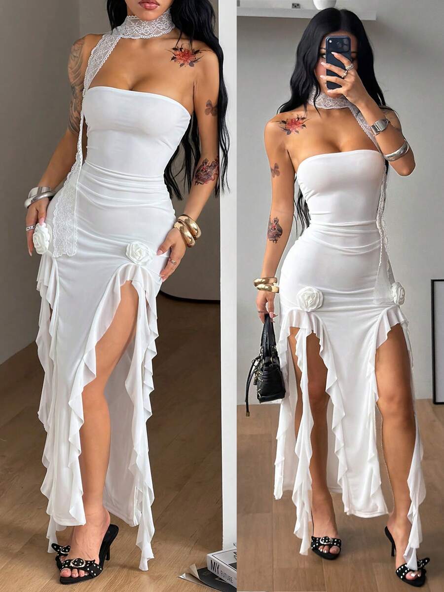 White strapless bodycon midi dress with split thigh and slim fit design for women