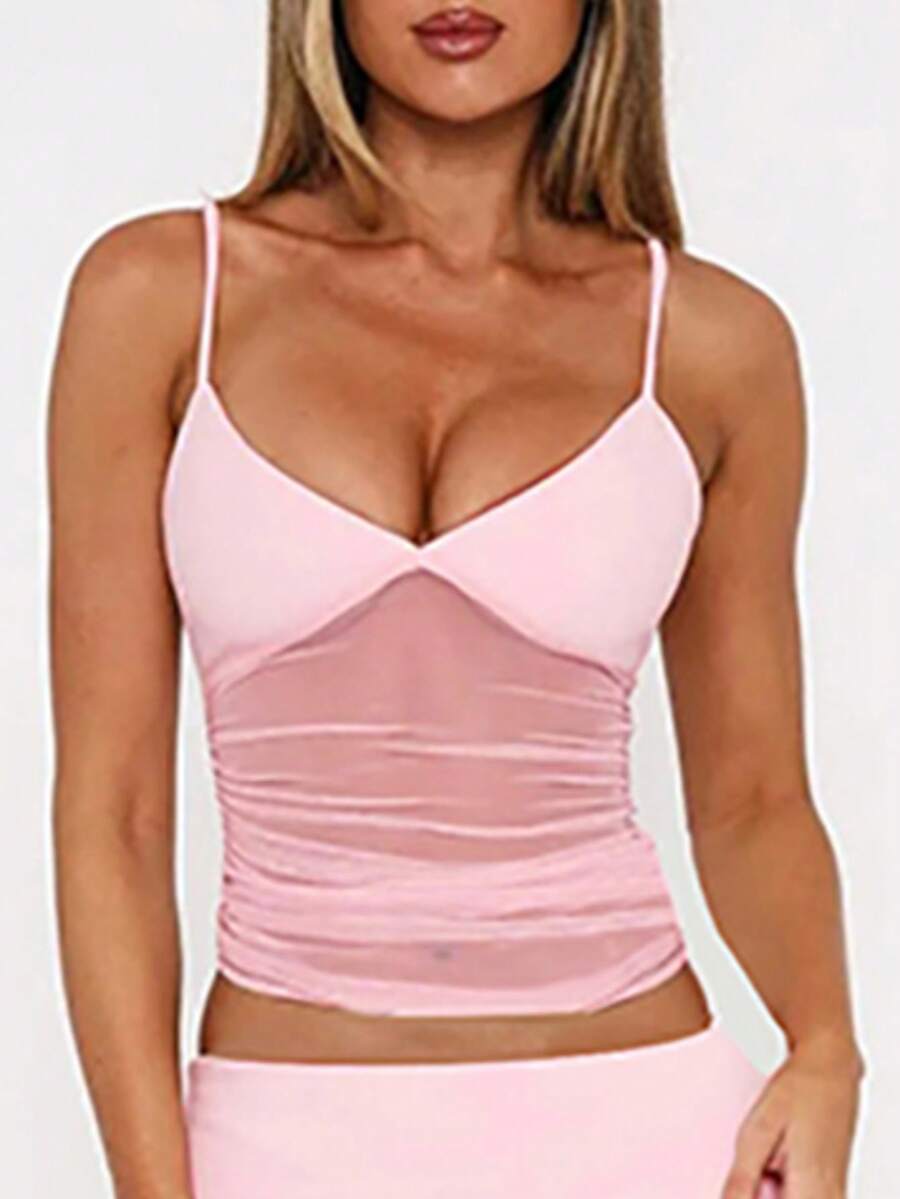 Ruched mesh spaghetti strap camisole top for women featuring semi-sheer details and a slim fit.