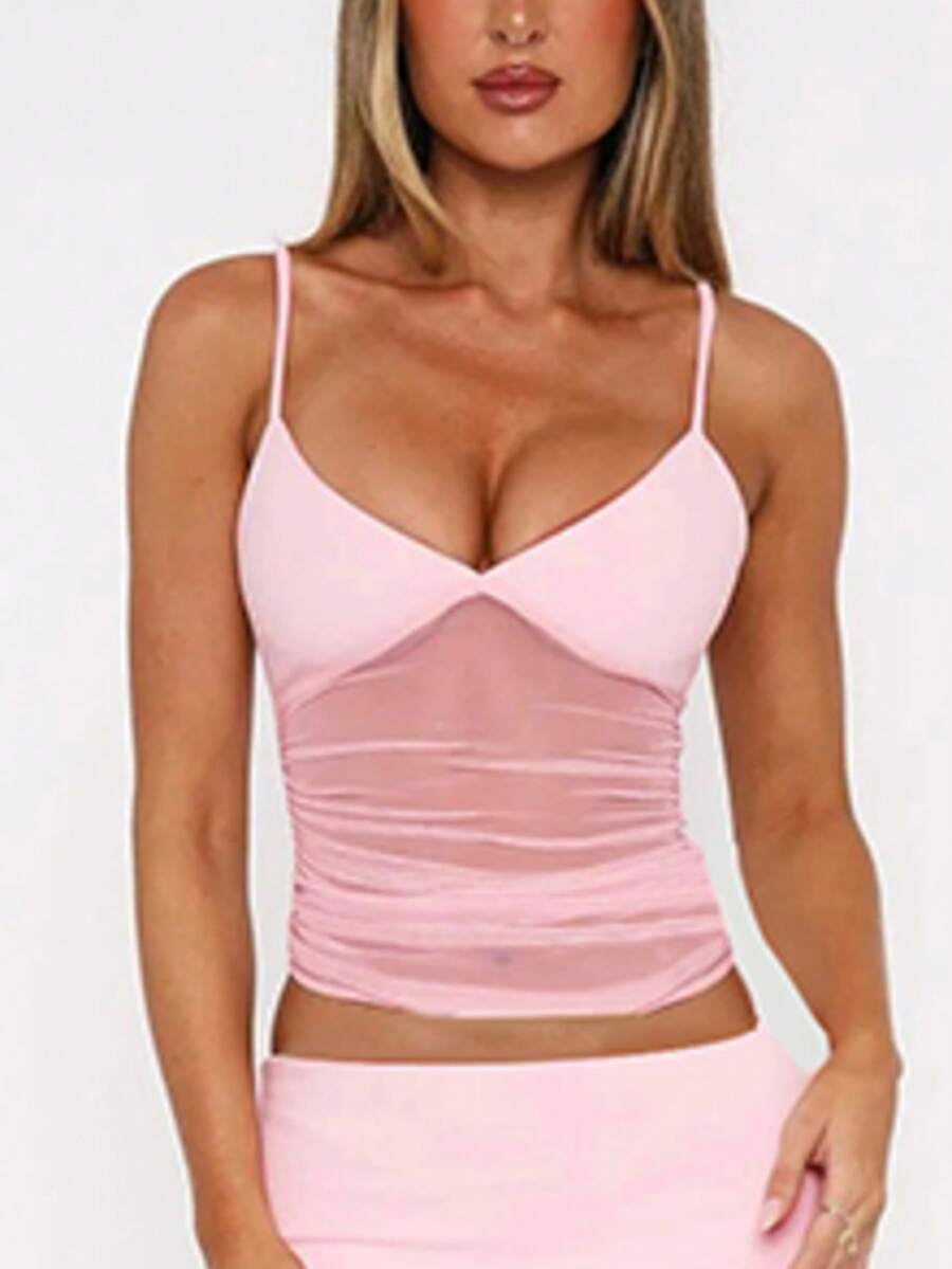 Ruched mesh spaghetti strap camisole top for women featuring semi-sheer details and a slim fit.