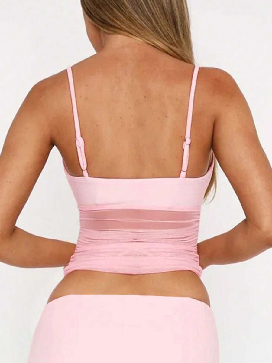 Ruched mesh spaghetti strap camisole top for women featuring semi-sheer details and a slim fit.