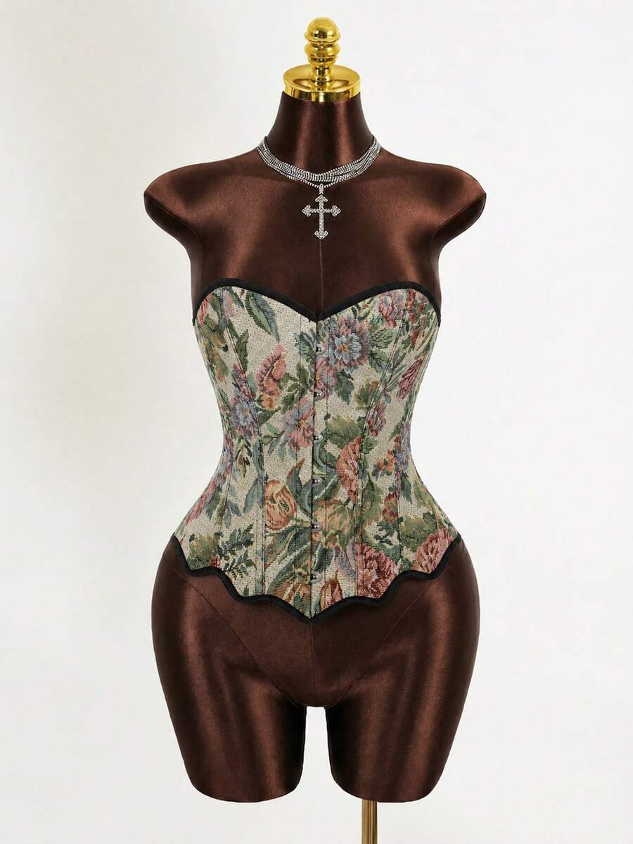 Multicolor floral pattern boned bustier micro crop top for women featuring a strapless sleeveless design and slim fit.