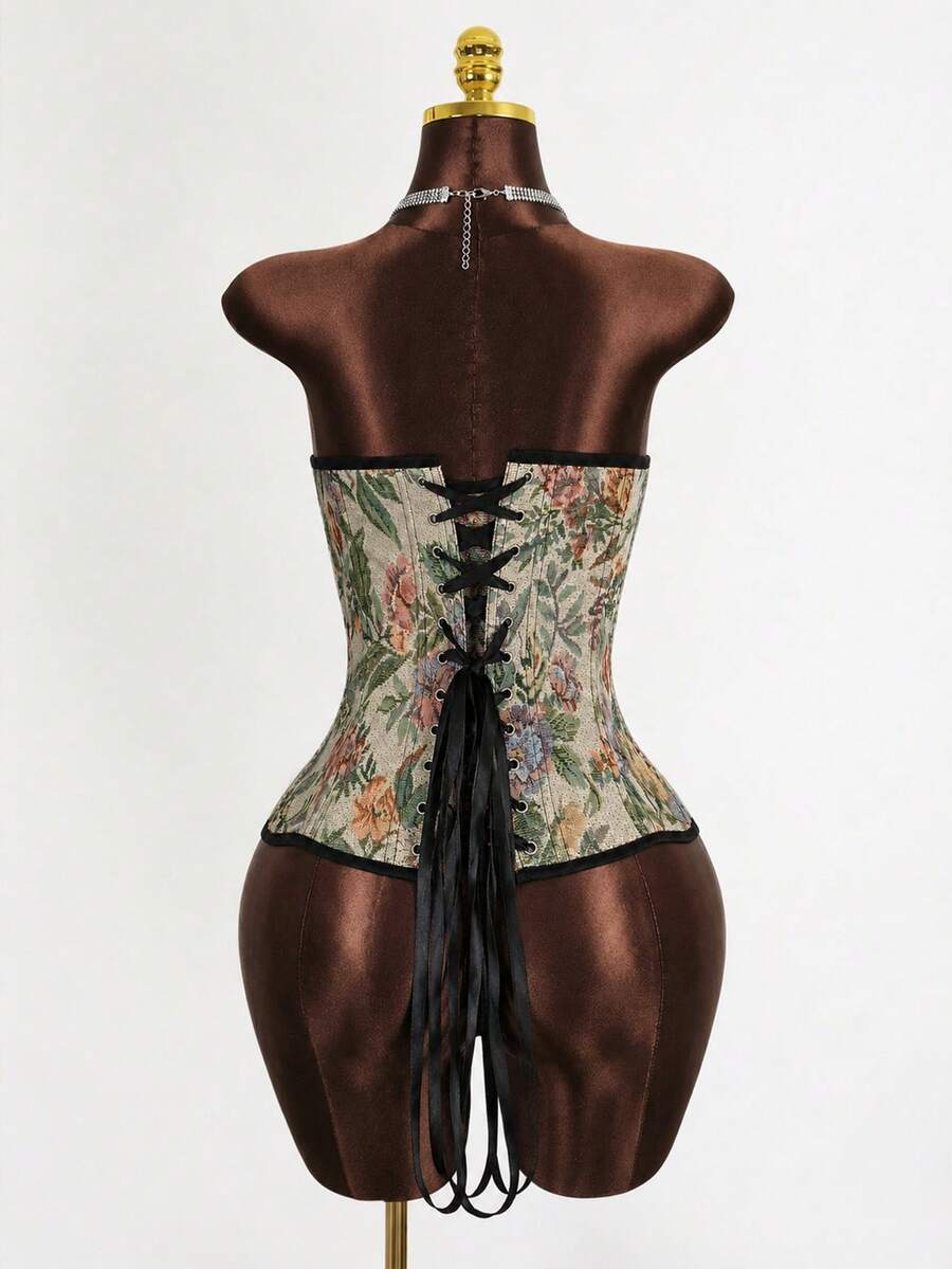 Multicolor floral pattern boned bustier micro crop top for women featuring a strapless sleeveless design and slim fit.