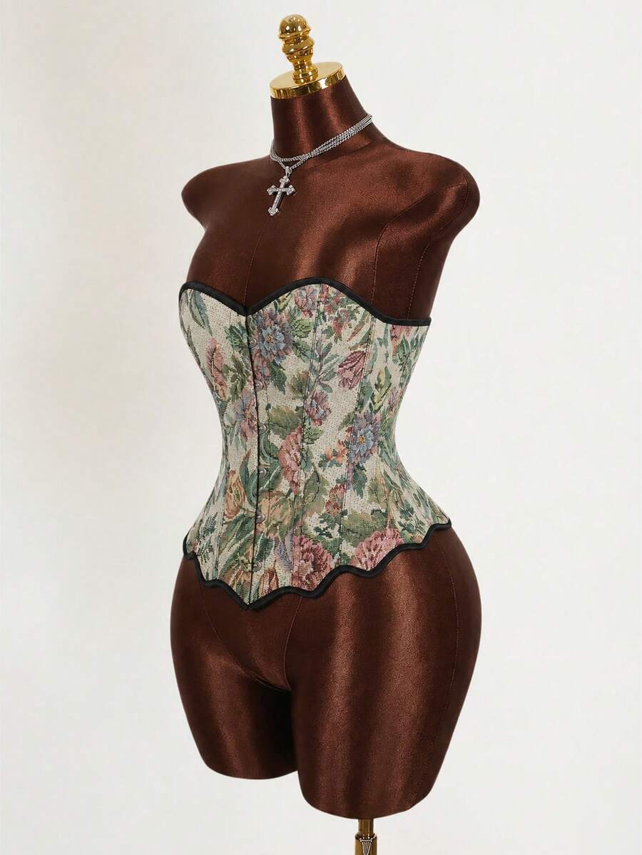 Multicolor floral pattern boned bustier micro crop top for women featuring a strapless sleeveless design and slim fit.