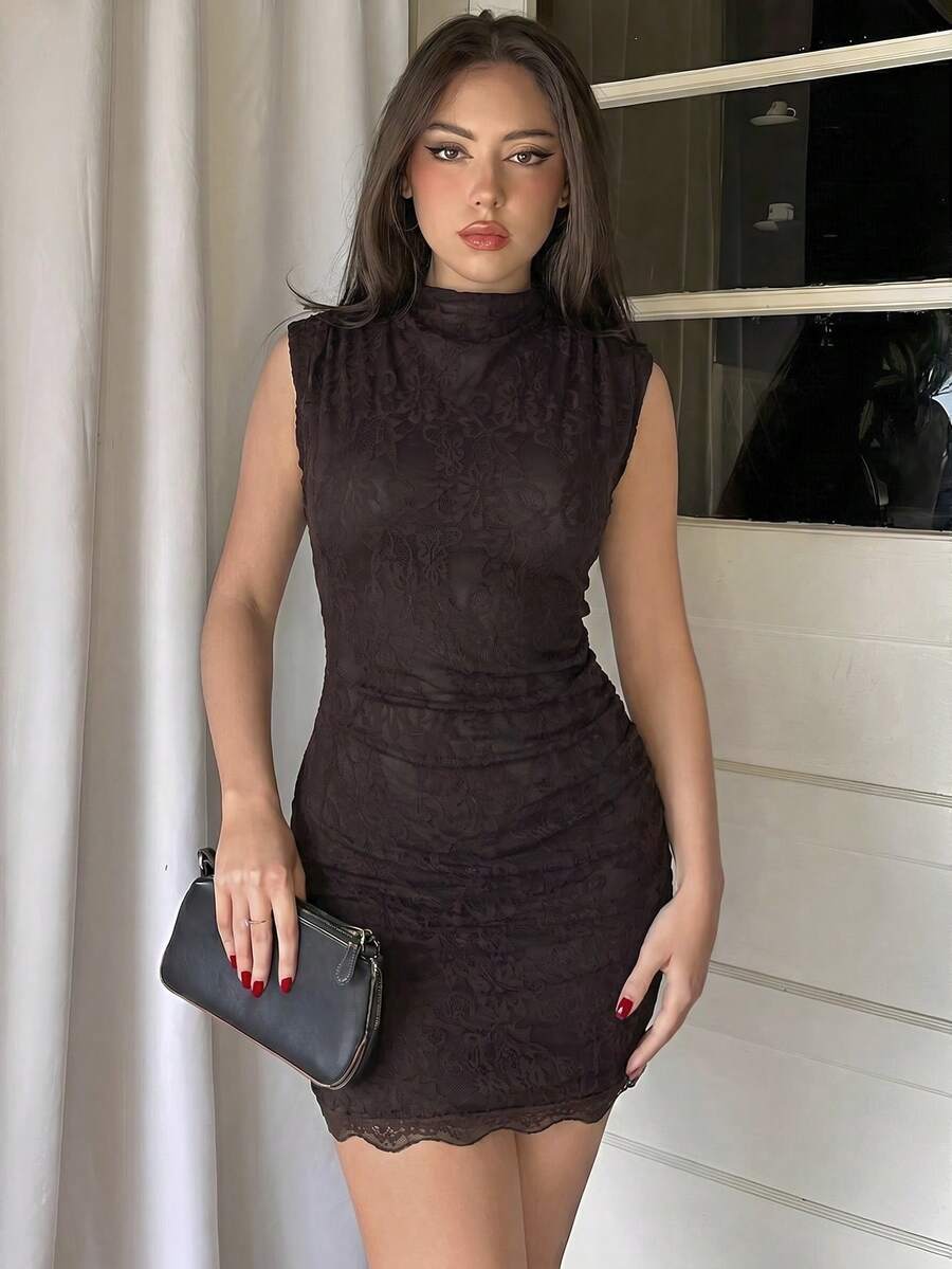 Army green sleeveless bodycon mini dress with a stand collar, ruched details, and zipper back.