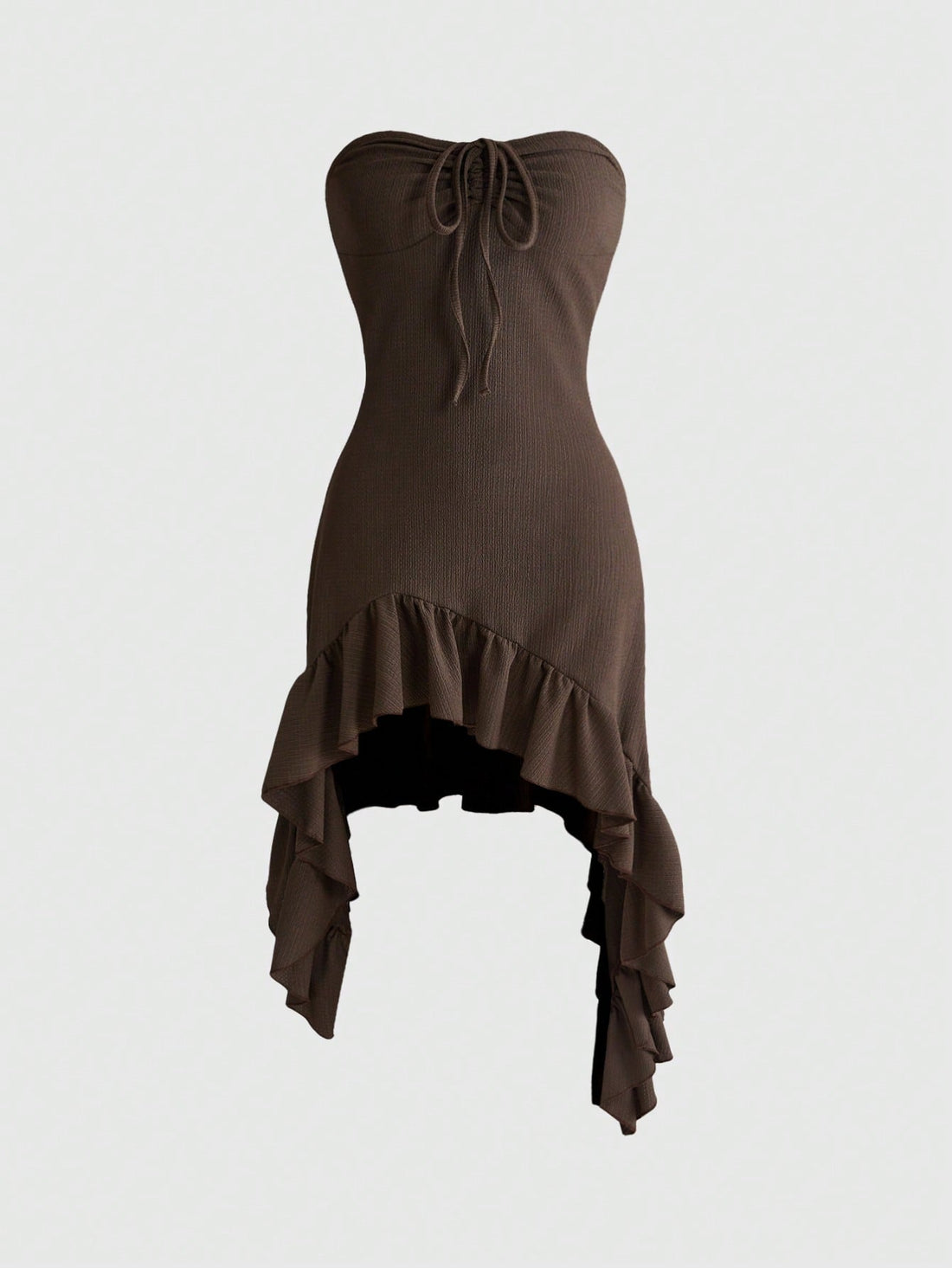 Women's brown spaghetti strap cami mini dress featuring a slim fit bodycon silhouette with an asymmetrical knot ruffle hem.
