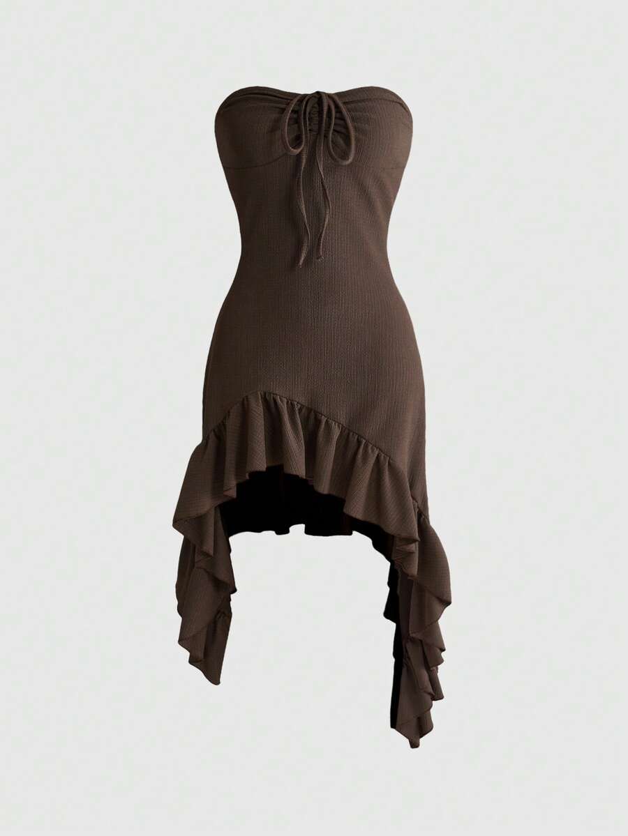 Women's brown spaghetti strap cami mini dress featuring a slim fit bodycon silhouette with an asymmetrical knot ruffle hem.