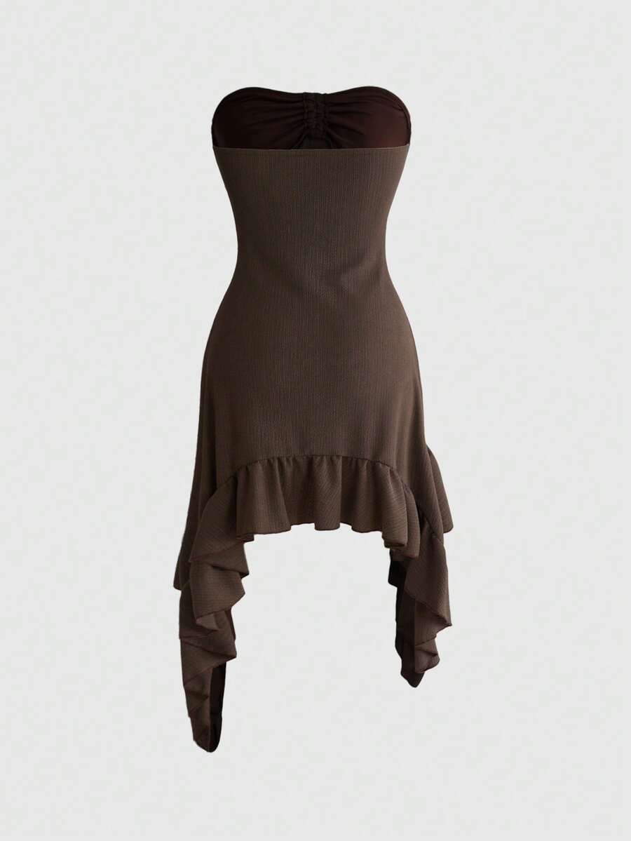 Women's brown spaghetti strap cami mini dress featuring a slim fit bodycon silhouette with an asymmetrical knot ruffle hem.
