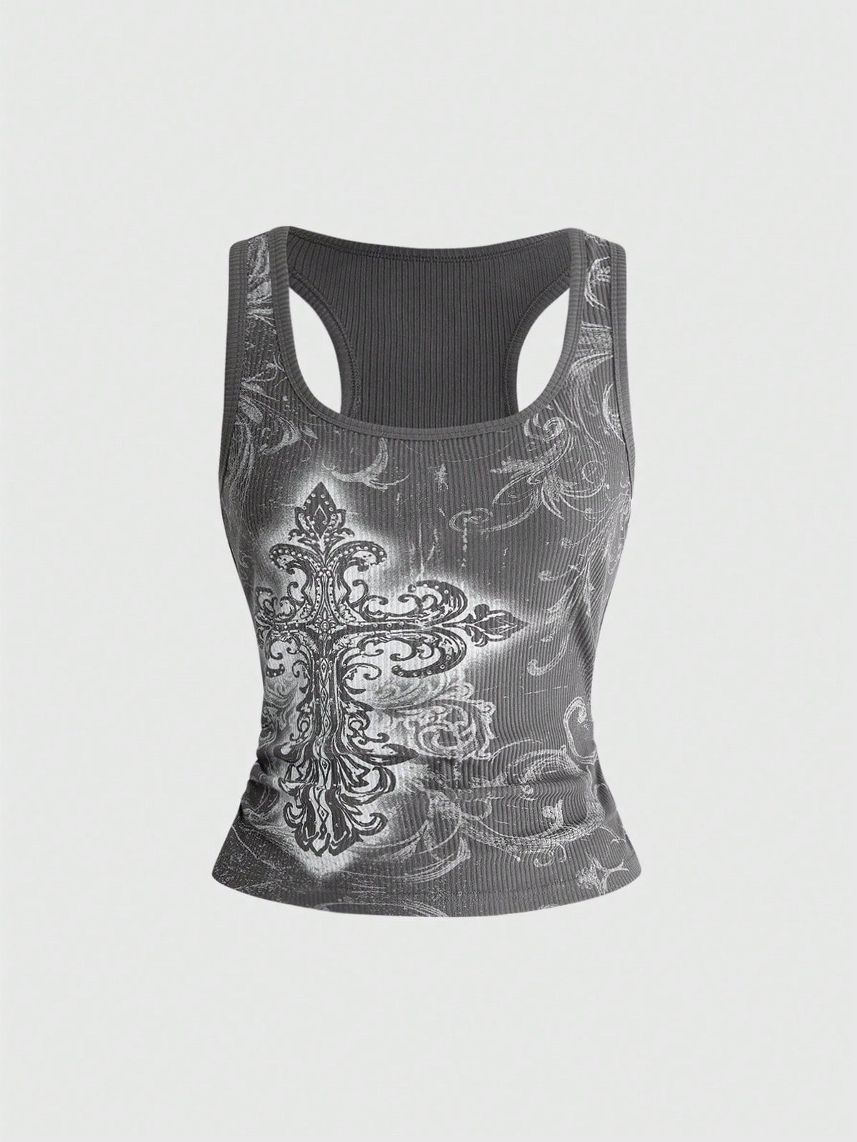 Women's black vine cross print tank top featuring a scoop neck and slim fit silhouette.