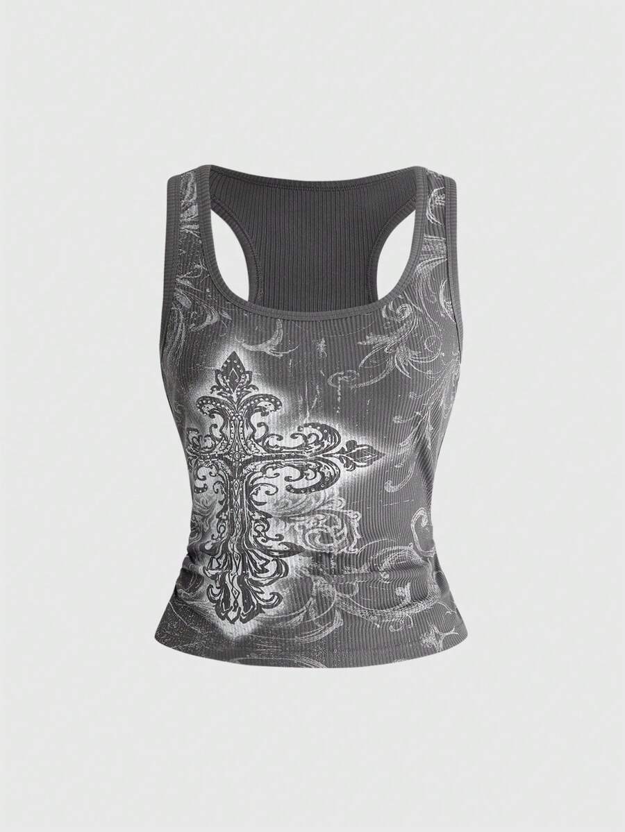 Women's black vine cross print tank top featuring a scoop neck and slim fit silhouette.
