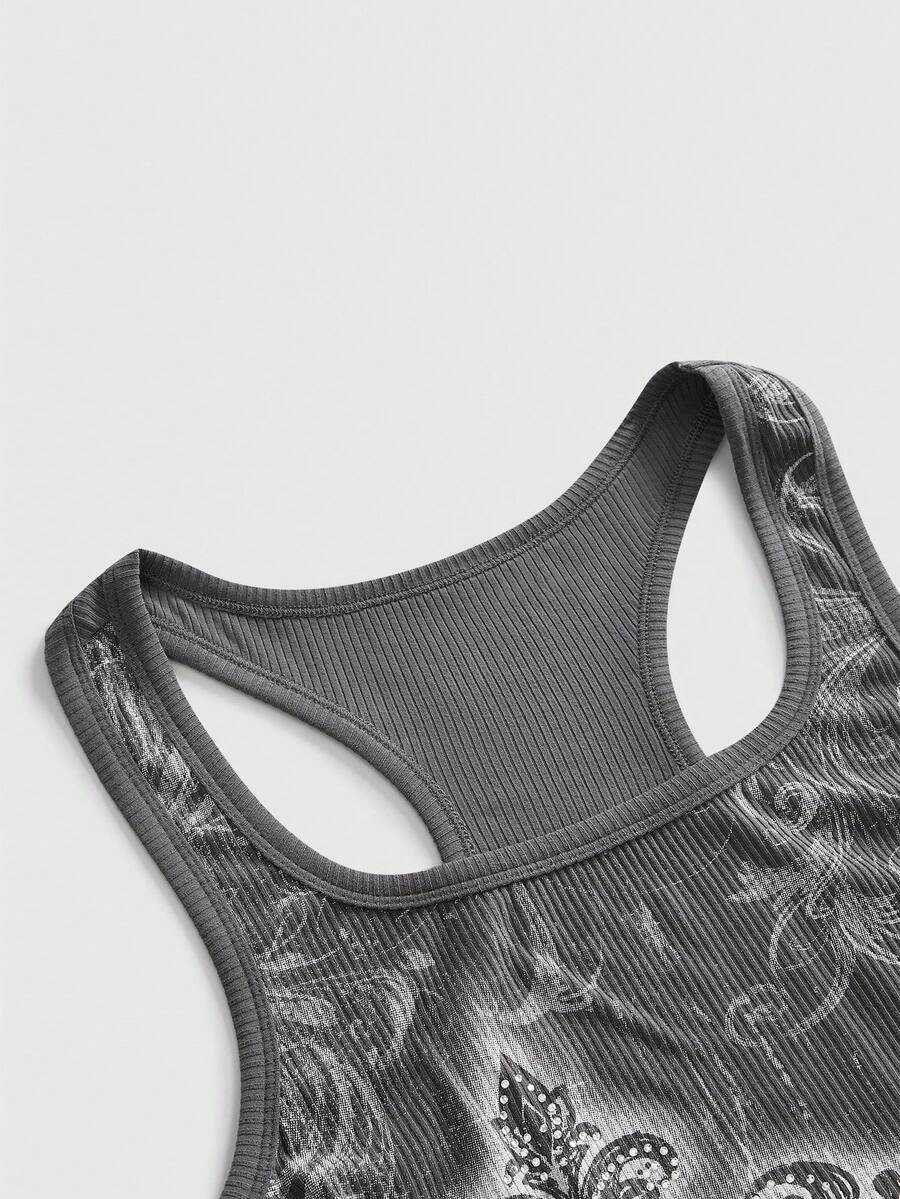 Women's black vine cross print tank top featuring a scoop neck and slim fit silhouette.