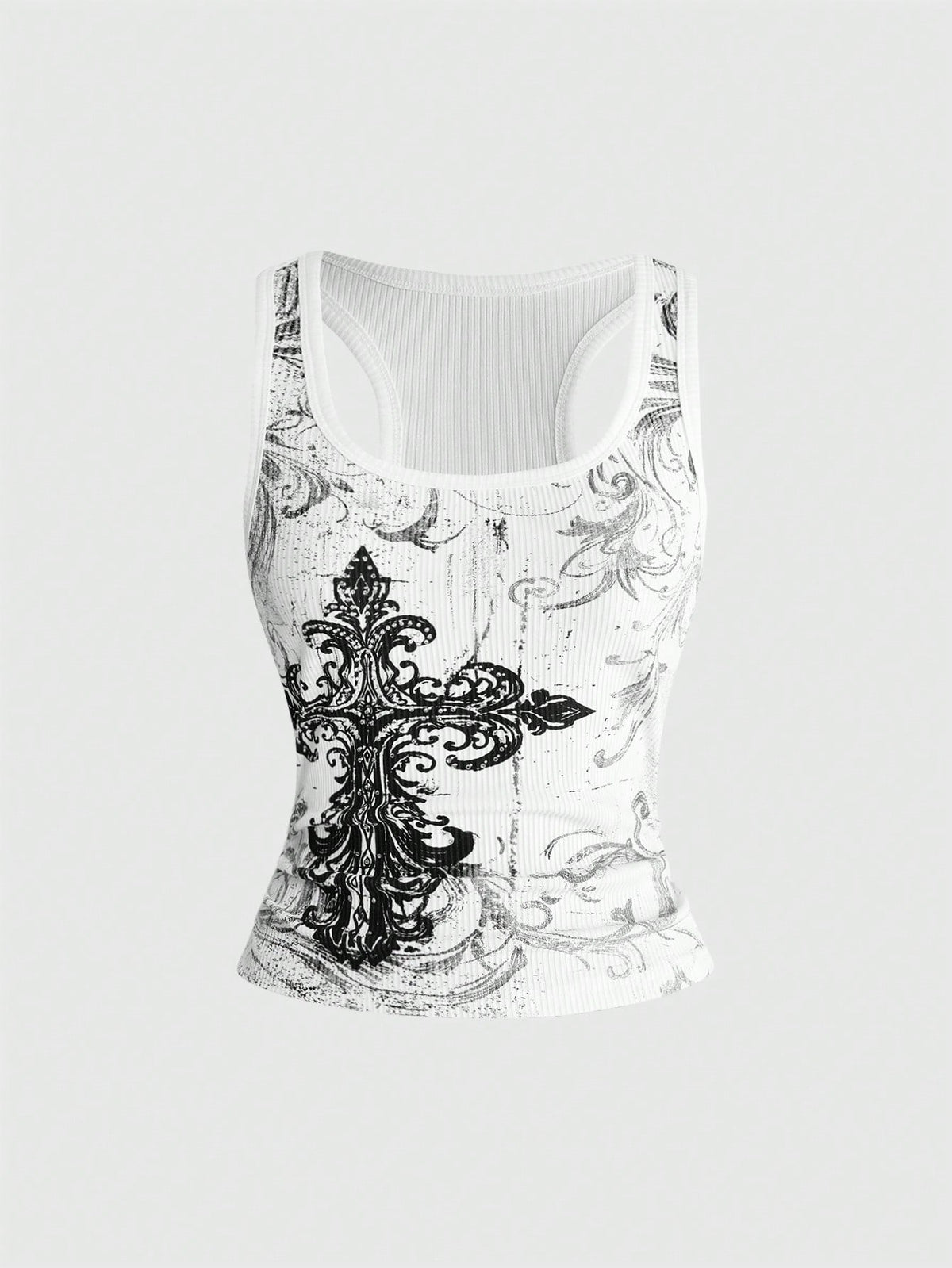 Women's black vine cross print tank top featuring a scoop neck and slim fit silhouette.