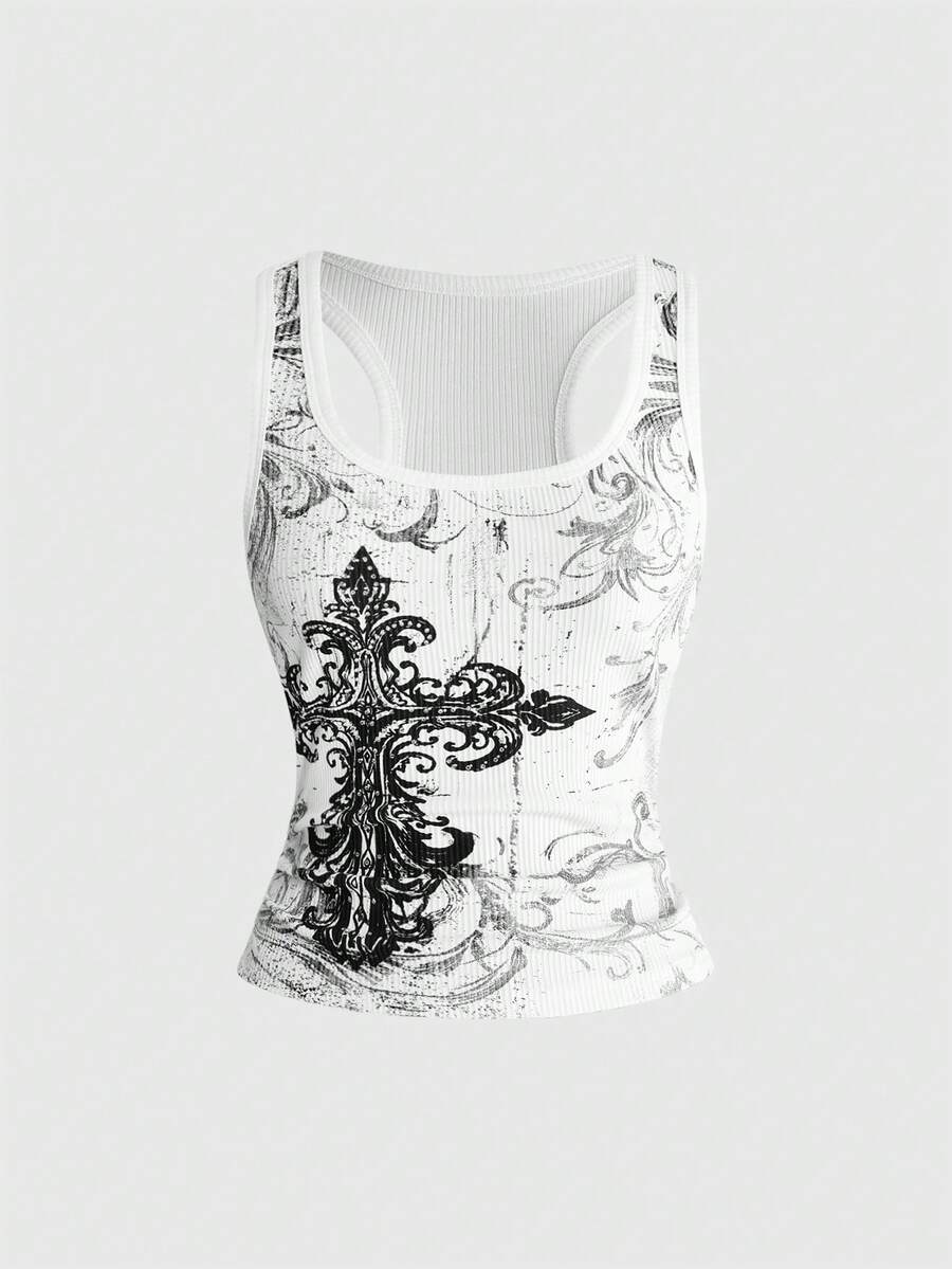 Women's black vine cross print tank top featuring a scoop neck and slim fit silhouette.