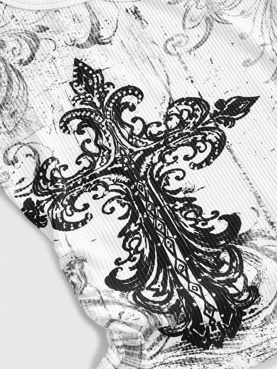 Women's black vine cross print tank top featuring a scoop neck and slim fit silhouette.