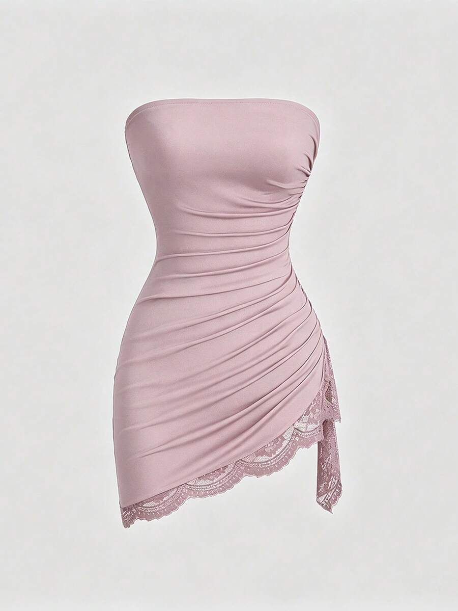 Women's black strapless lace patchwork bodycon mini dress featuring a slim fit design and an asymmetrical hem.