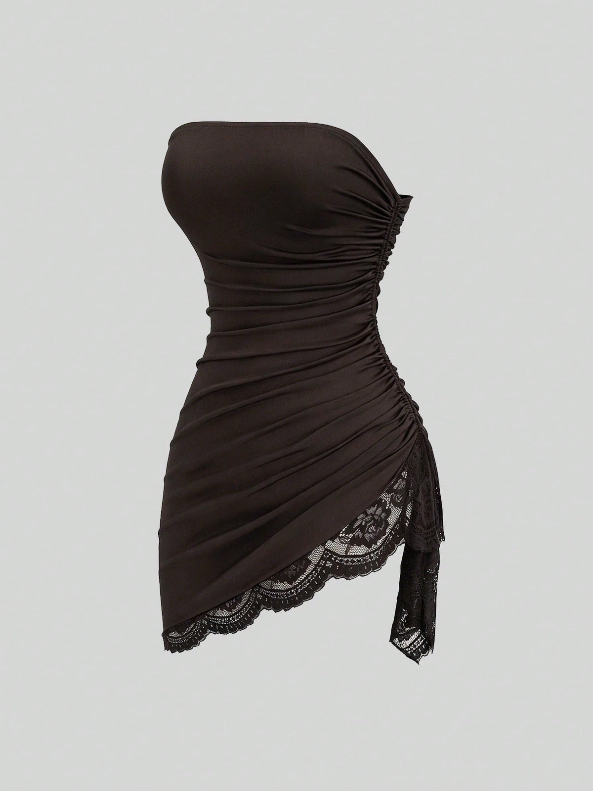 Women's black strapless lace patchwork bodycon mini dress featuring a slim fit design and an asymmetrical hem.
