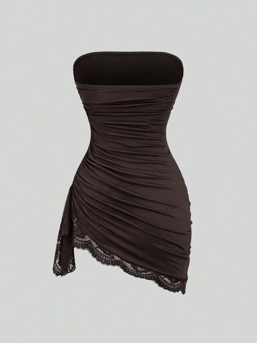 Women's black strapless lace patchwork bodycon mini dress featuring a slim fit design and an asymmetrical hem.