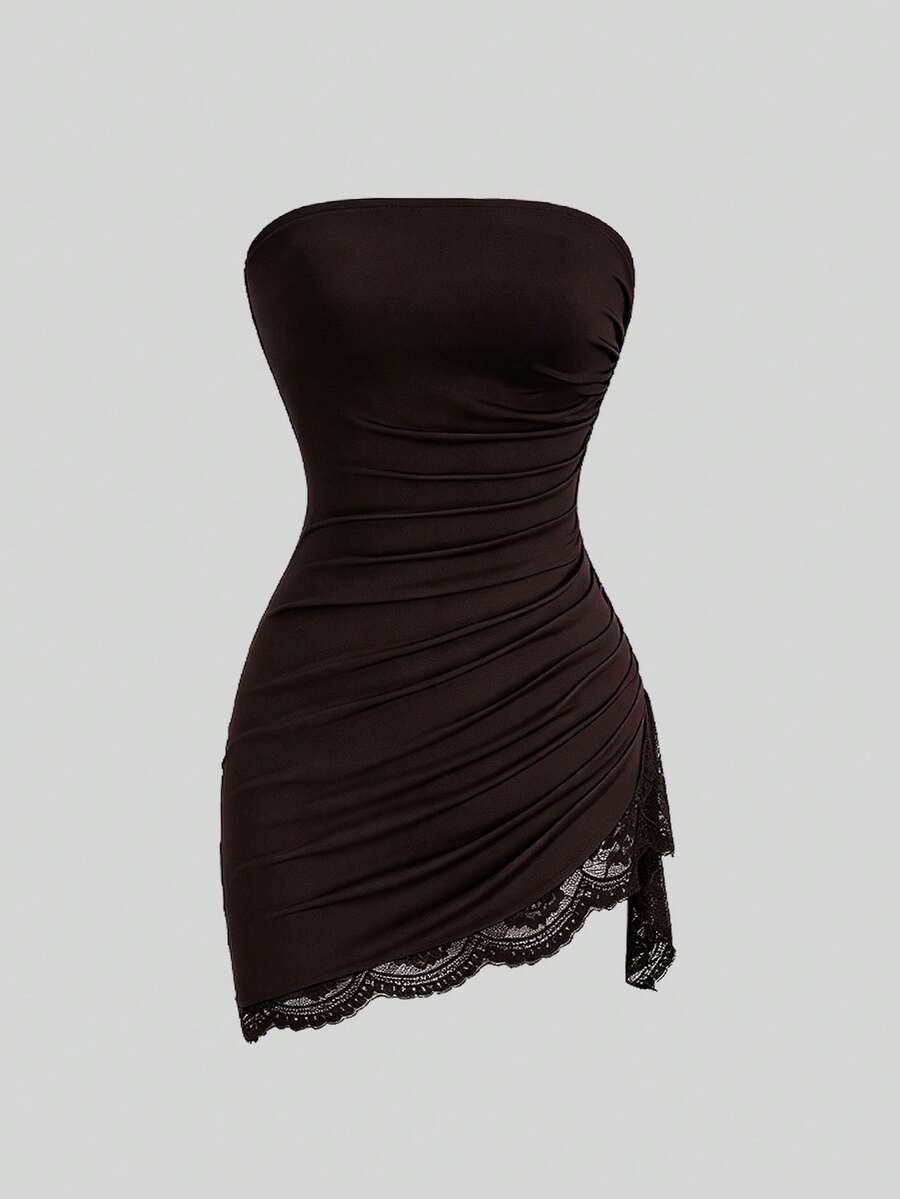 Women's black strapless lace patchwork bodycon mini dress featuring a slim fit design and an asymmetrical hem.