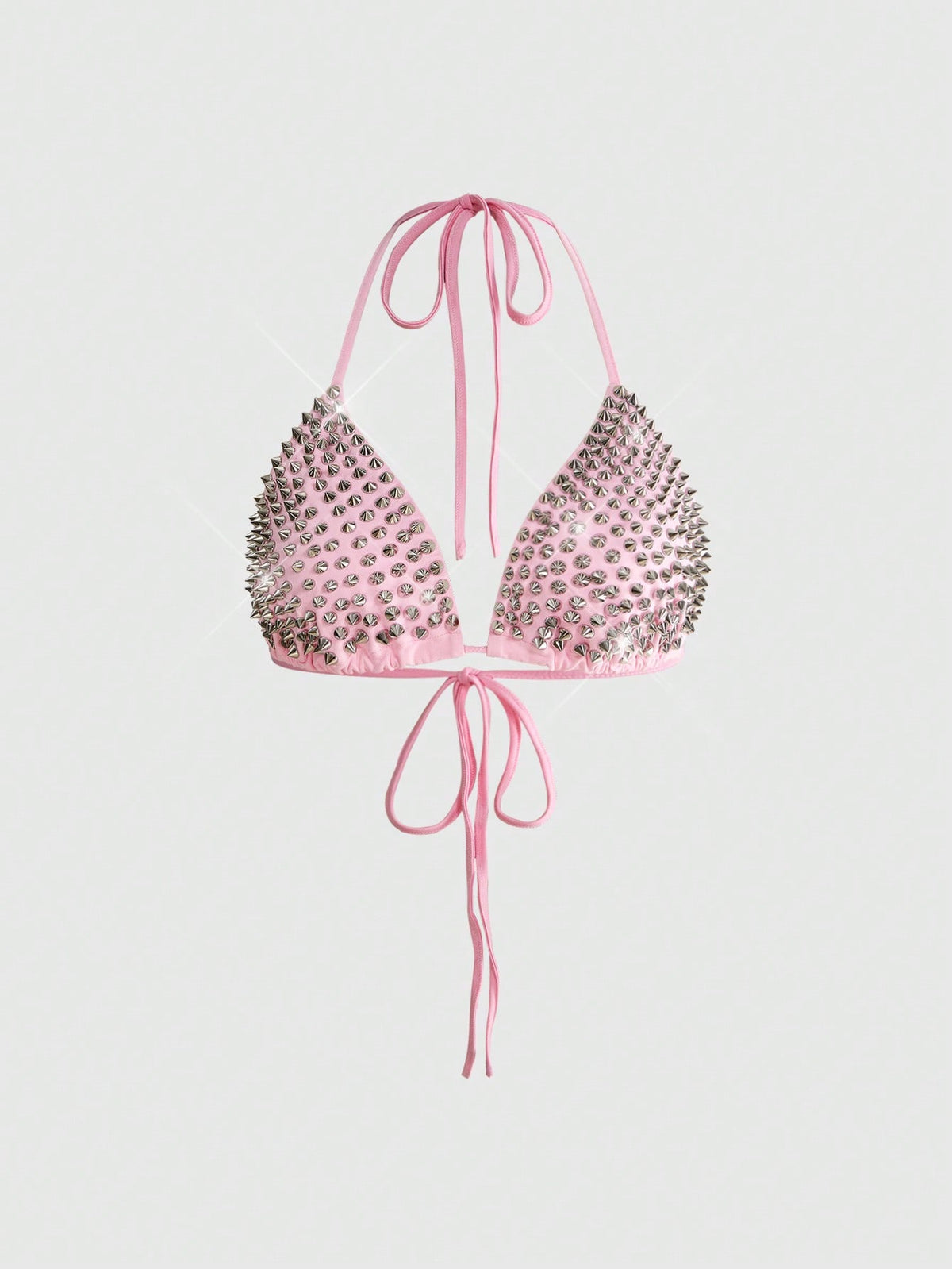 Black studded halter bikini top featuring a backless lace-up design, rhinestone accents, and high-stretch knitted fabric.
