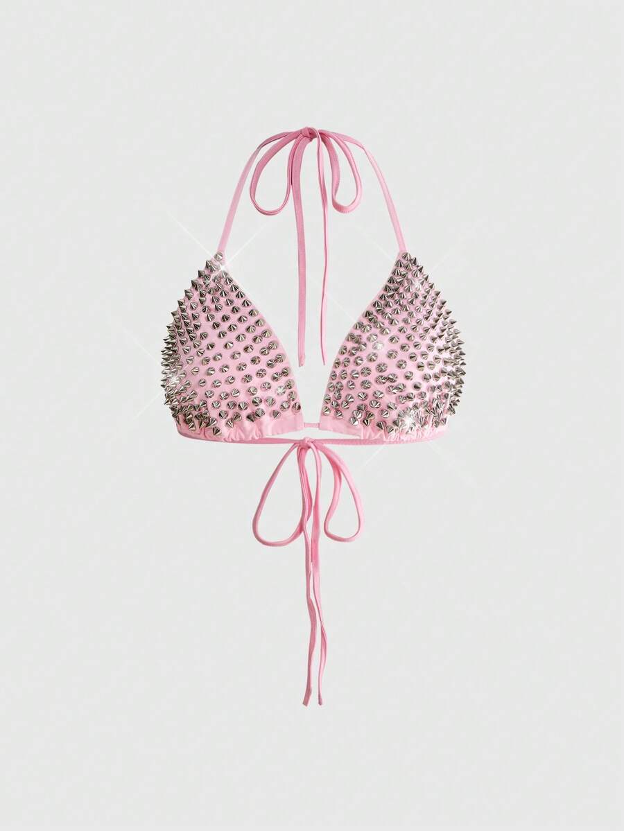Black studded halter bikini top featuring a backless lace-up design, rhinestone accents, and high-stretch knitted fabric.