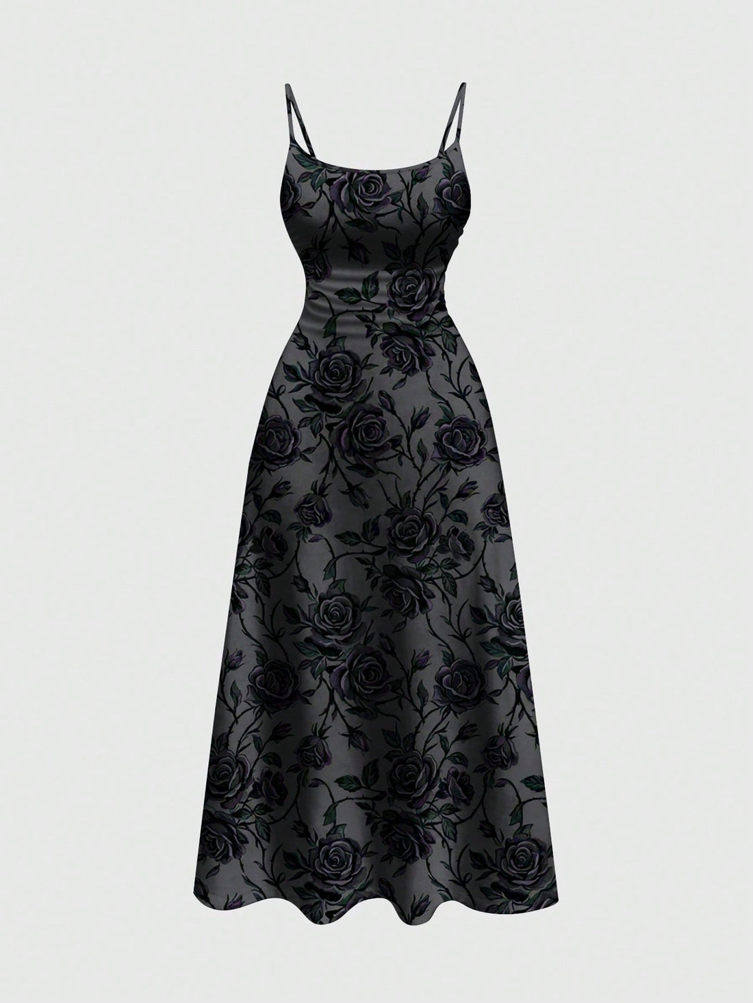 Dark grey plus size goth midi dress featuring spaghetti straps, cold shoulder long sleeves, ruched rib-knit details, backless design, and a high-waist flared A-line skirt.