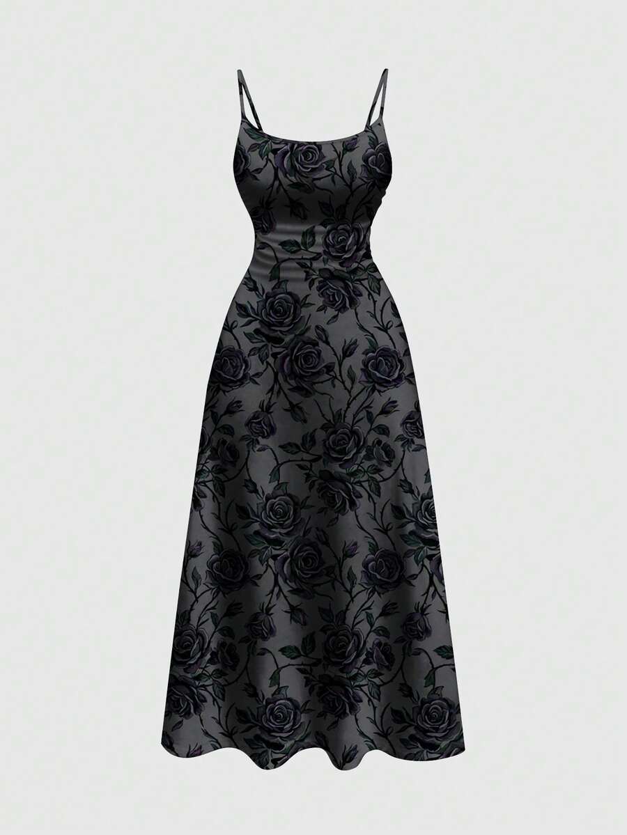 Dark grey plus size goth midi dress featuring spaghetti straps, cold shoulder long sleeves, ruched rib-knit details, backless design, and a high-waist flared A-line skirt.