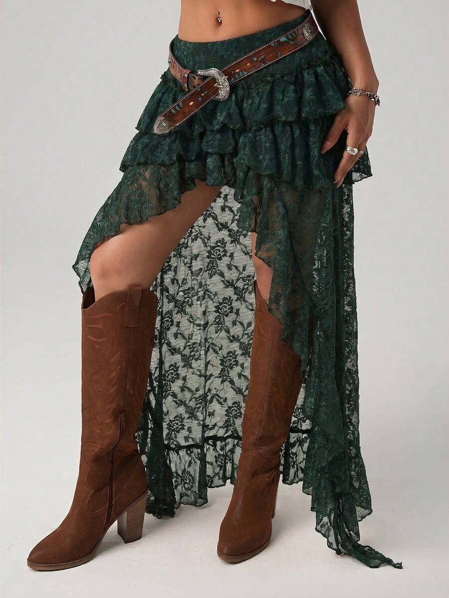 Women's lace tiered asymmetrical maxi skirt featuring a low waist and high slit thigh design.
