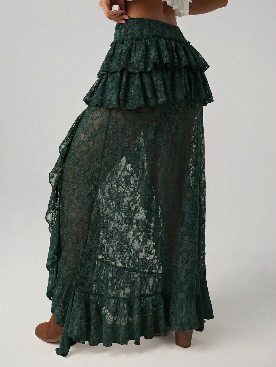 Women's lace tiered asymmetrical maxi skirt featuring a low waist and high slit thigh design.