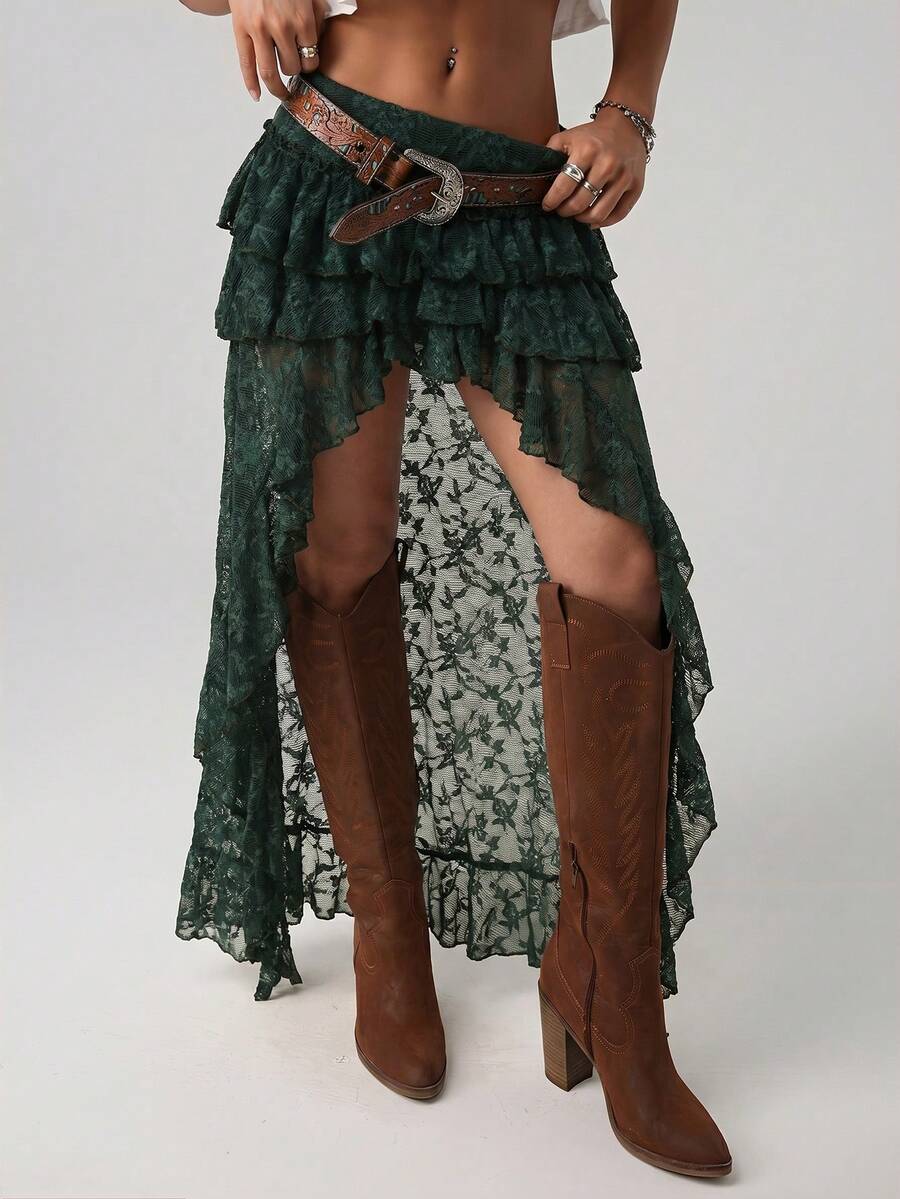 Women's lace tiered asymmetrical maxi skirt featuring a low waist and high slit thigh design.